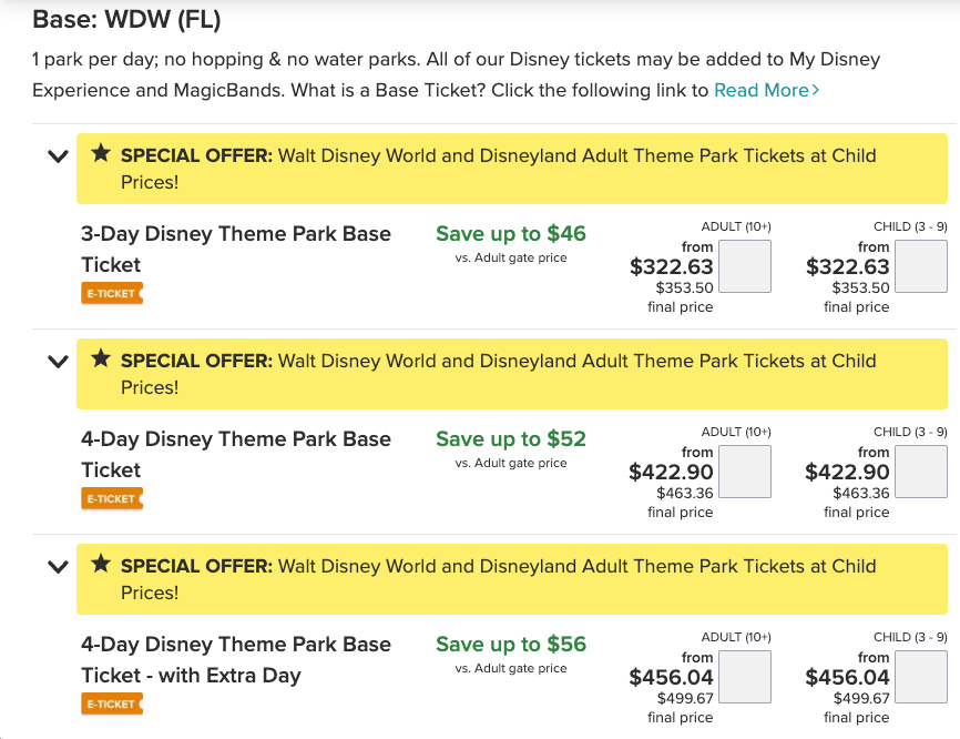 Screenshot of Disney tickets with Undercover Tourist